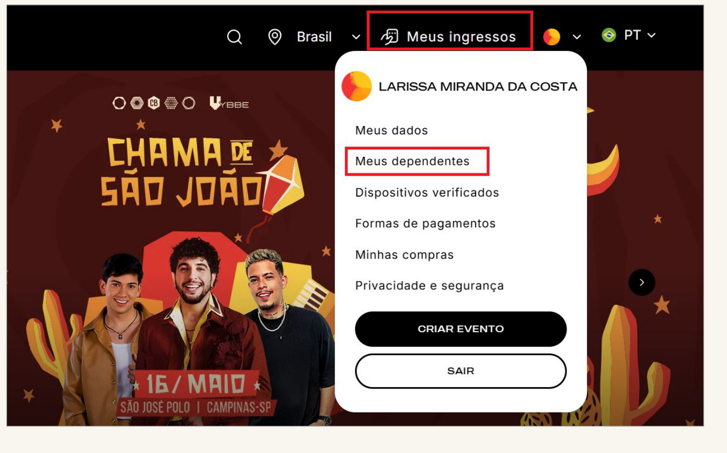 Menu do perfil na Ingresse com a opção Meus dependentes destacada
