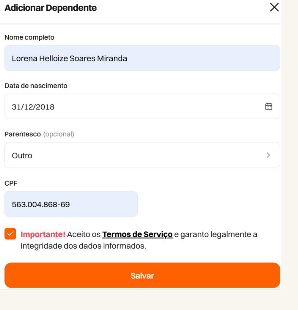 Formulário Adicionar Dependente com nome, data de nascimento, parentesco e CPF preenchidos